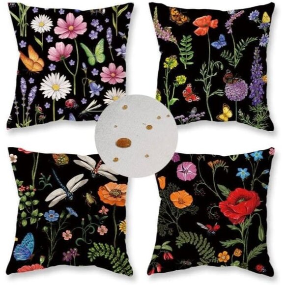 Outdoor Waterproof Spring Summer Pillow Covers Black Cushion Cases Set of 4 - Picture 1 of 6